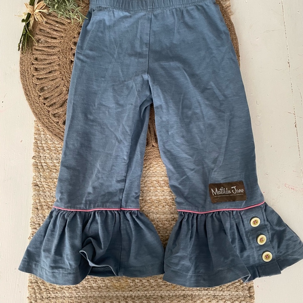 Matilda Jane Slate Blue Ruffle Pants with Pink Trim Sz 4